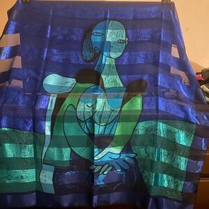Abstract scarf, sheer stripes, abstract Picasso style art. Like new condition!